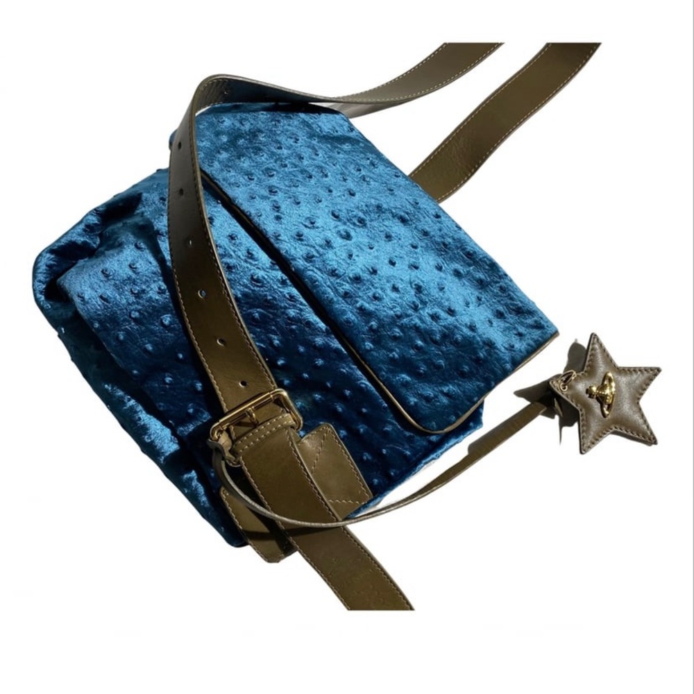 Vivienne Westwood teal velvet crossbody bag with olive leather + ostrich texture